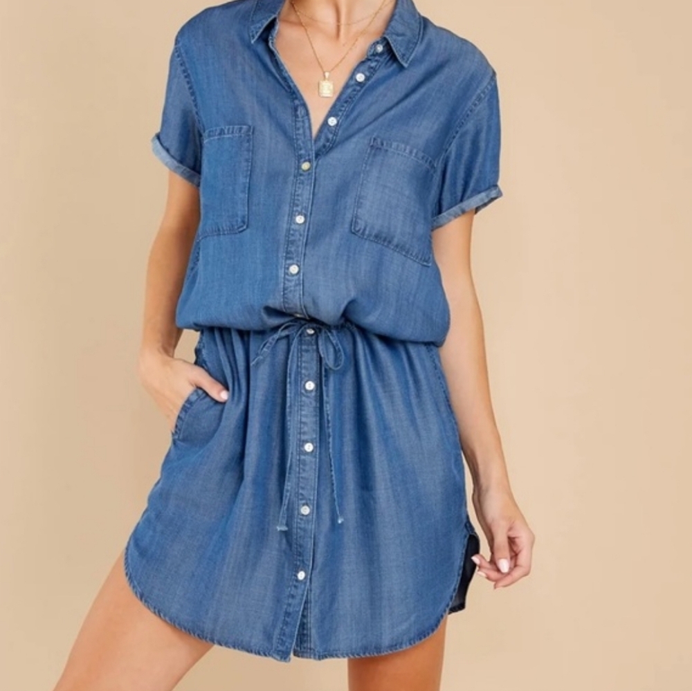 Chambray Denim Button Down Drawstring Dress - image 1